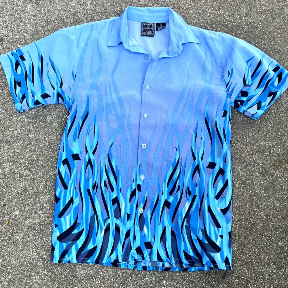 Y2K Authentic Shaolin Blue and black flame print button up shirt